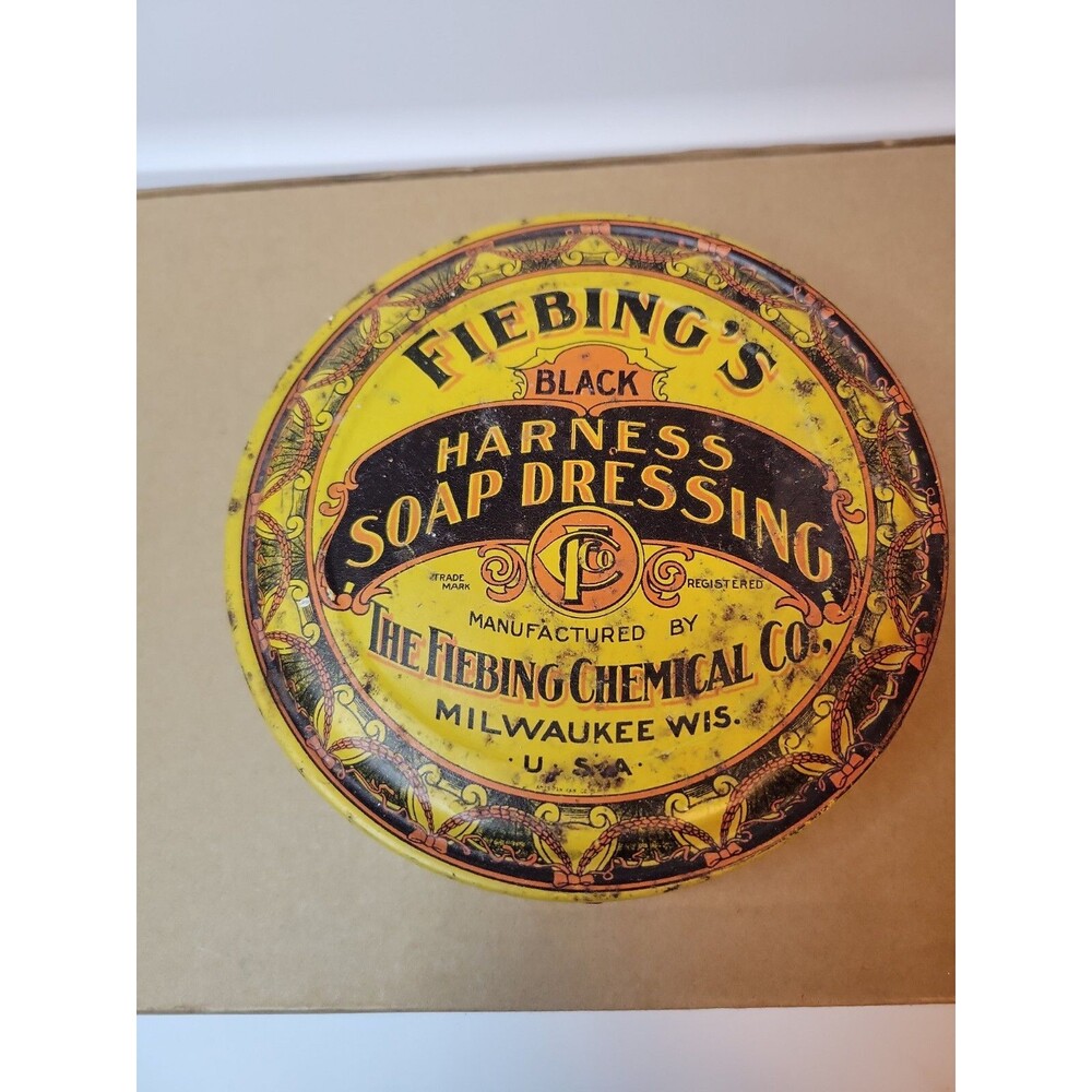 Rare Vintage Fiebing's Harness Soap Dressing Elaborate Empty Tin Milwaukee Wisc